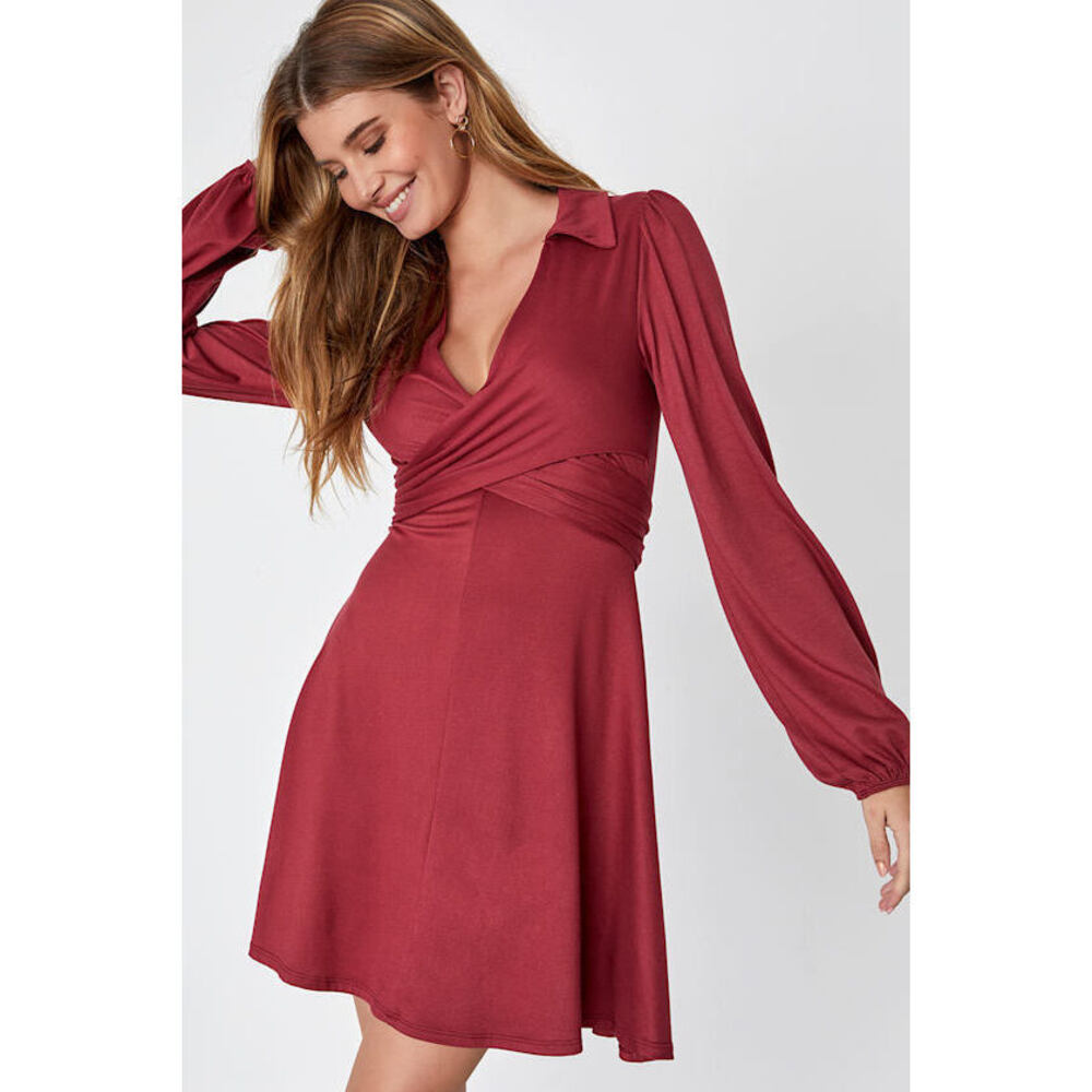 Lulus Endlessly Impressive Wine Red Long Sleeve Mini Dress - Size M